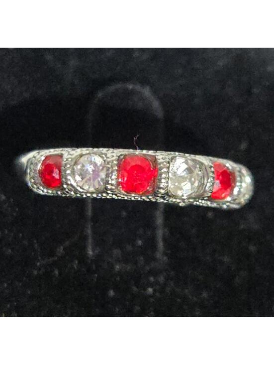 Jewelry - Ring / White Gold 10K Plated Wedding Band with Alternating Agate / Size 8
